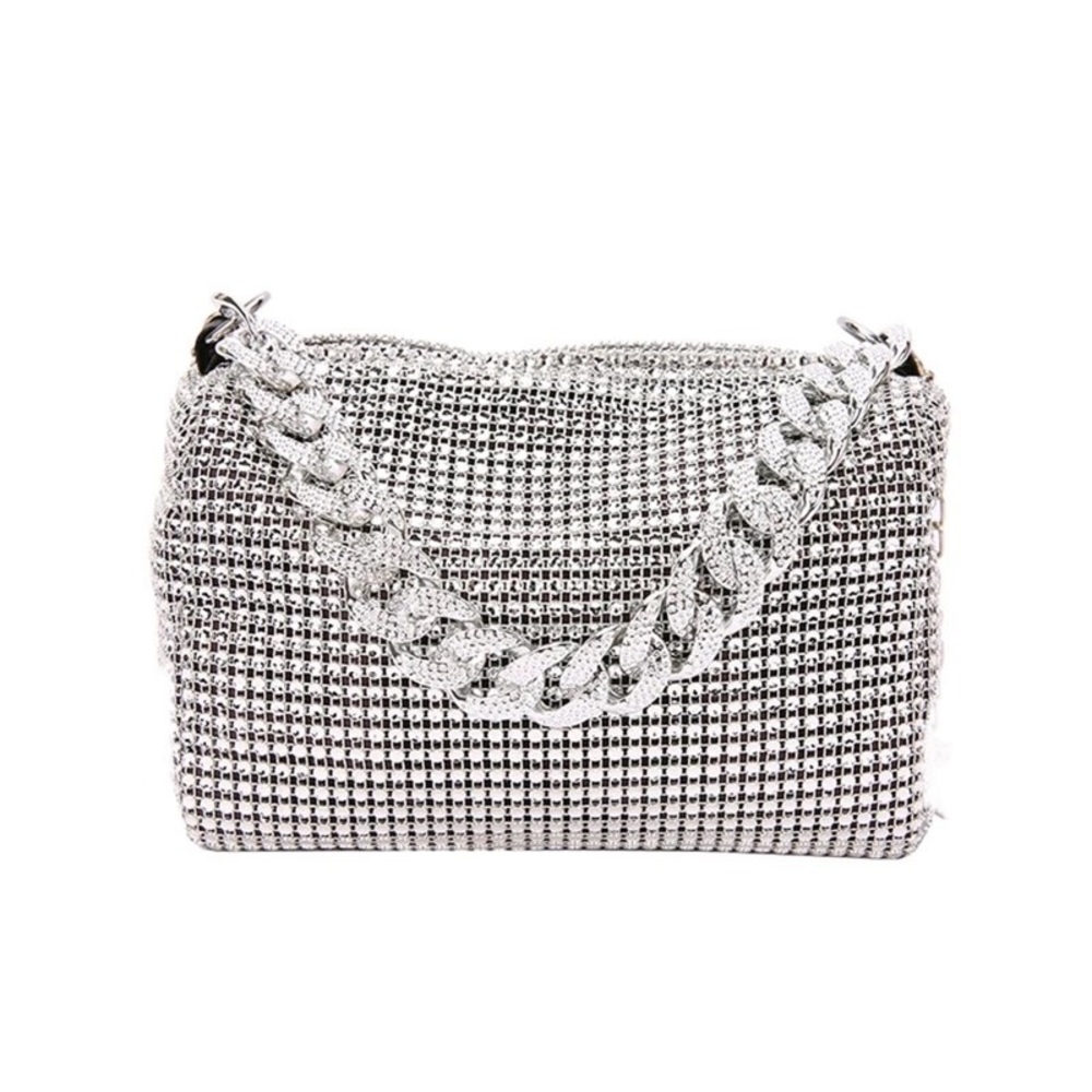 SILVER CRYSTAL RHINESTONES CROSSBODY SILVER CHAIN PURSE